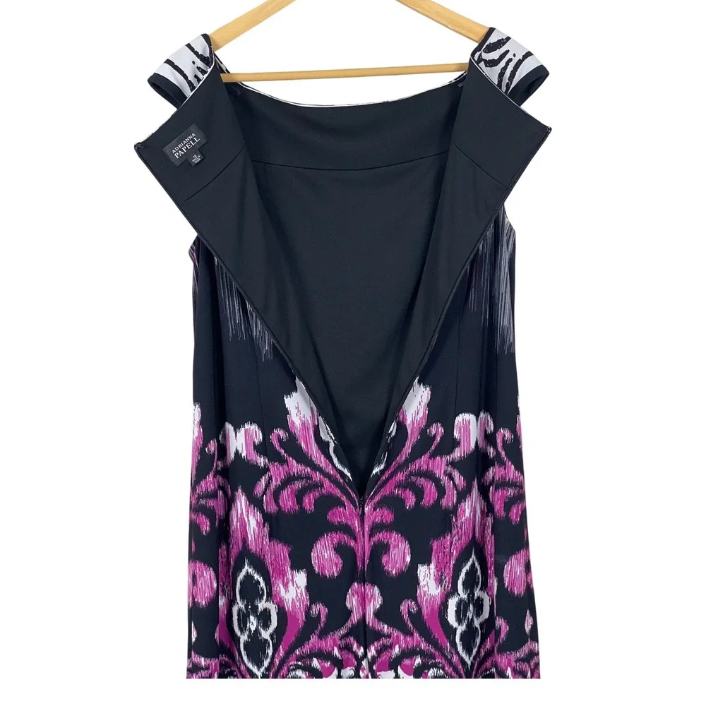 Adrianna Papell Black White Women Sheath Dress 14 Purple Abstract Damask Print